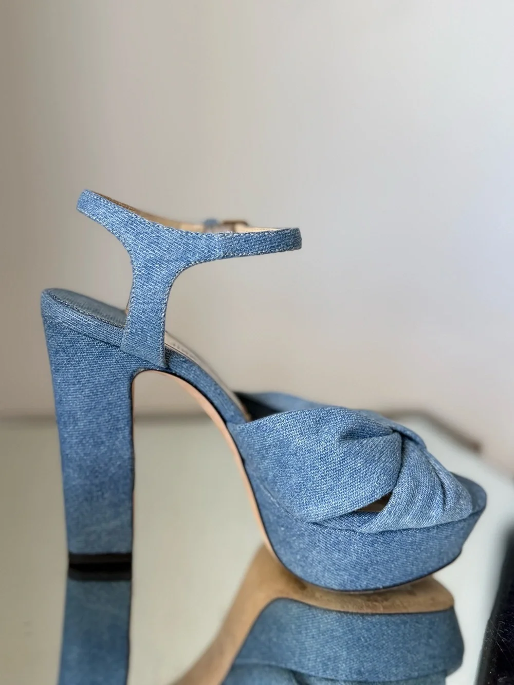 Like new JIMMY CHOO Heloise 120 Knotted Denim Platform Sandals $995 36.5